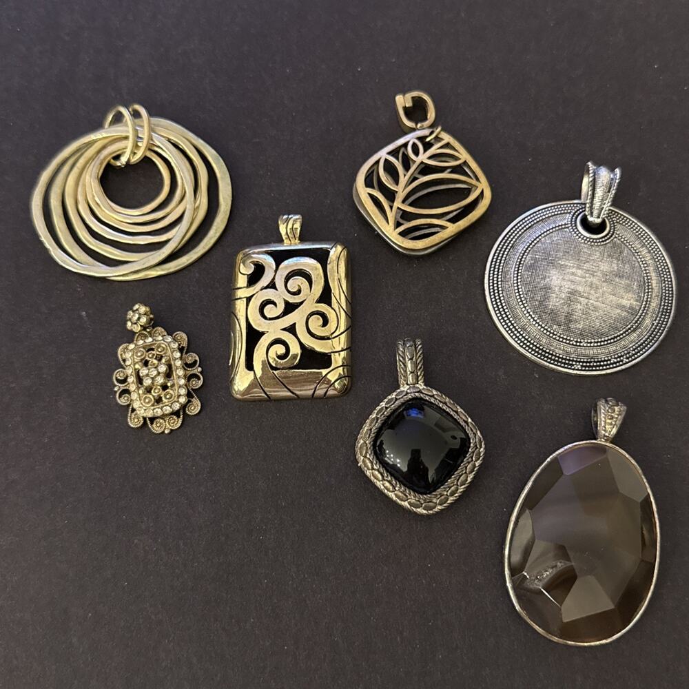 Lot of 7 Gold Silver Tone Statement Pendants Black Brown Rhinestone